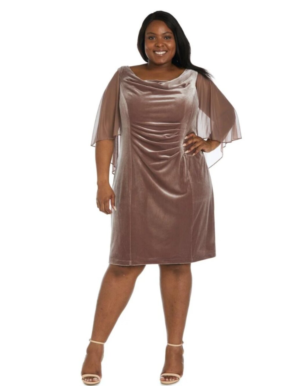 R&M Richards 20W Velvet Dress Latte Cowl Neck Cape Sleeve Ruched Formal NWT